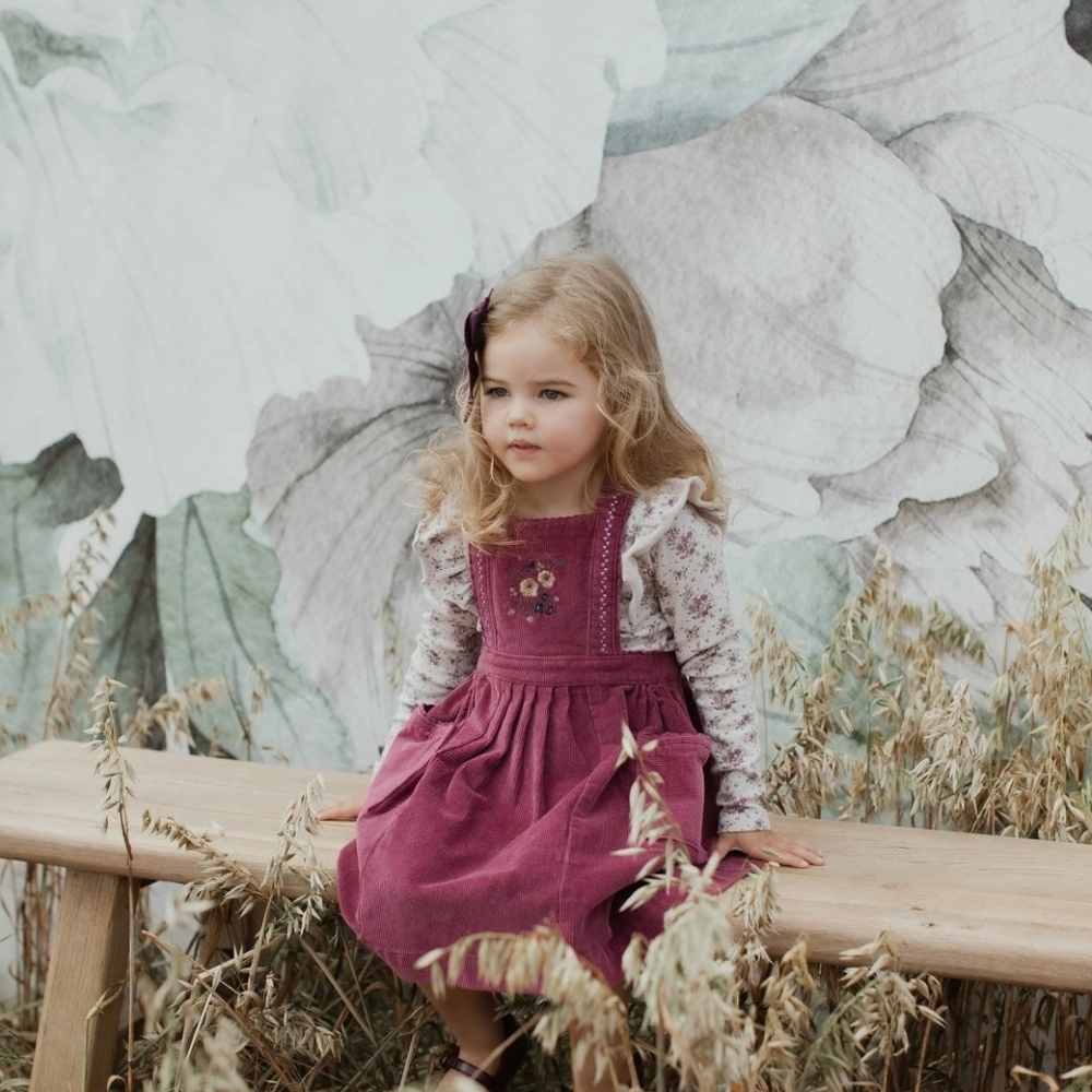 NEW Jamie Kay Mabel Deep Plum Corduroy Floral Embroidered Pinafore Dress 5Y